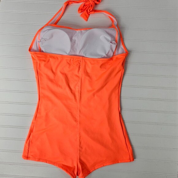 Women's Orange Retro Halter Twist Front One Piece Boy Short Swimsuit Size XL - Picture 5 of 10